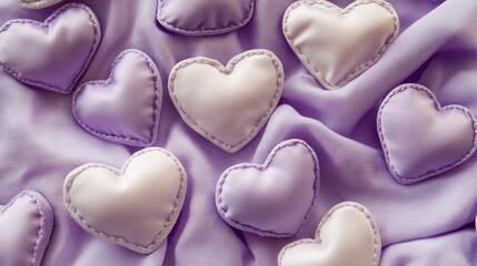 Poster - A romantic Valentine's background featuring stitched handmade hearts scattered on a smooth violet surface. Ideal for love-themed content.