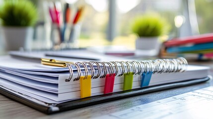 Poster - Savings goals binder organized with tabs and trackers Stock Photo with side copy space