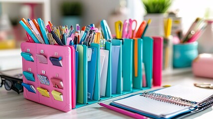 Poster - Savings goals binder organized with tabs and trackers Stock Photo with side copy space
