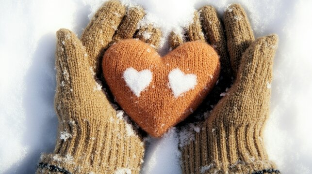 A snow heart held gently in beige gloves, contrasted against the white snow background. Romantic winter banner with free text space.
