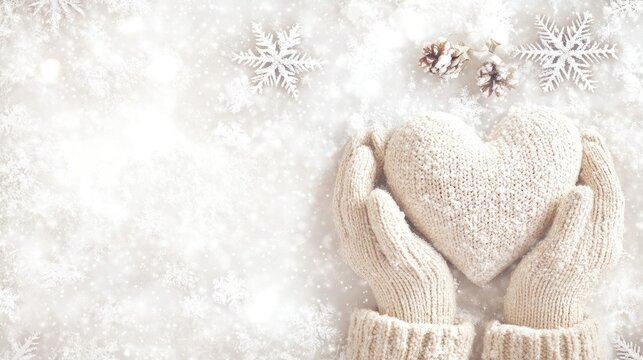 A snow heart held gently in beige gloves, contrasted against the white snow background. Romantic winter banner with free text space.