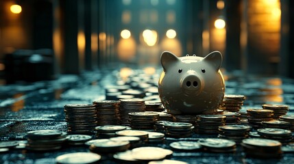 Poster - Savings goals piggy bank surrounded by stacks of coins Stock Photo with side copy space
