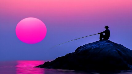 Poster - Silhouetted fisherman on a rock at sunset.