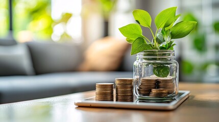 Poster - Wealth management planning apps compared on a tablet and smartphone Stock Photo with side copy space