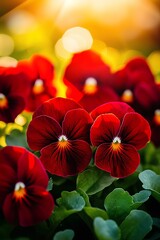 Wall Mural - Enchanting burgundy pansies in the rays of the setting sun in the garden.