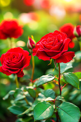 Wall Mural - Enchanting red roses in the rays of the setting sun in the garden.