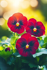 Wall Mural - Burgundy pansies illuminated by setting sun in spring garden.