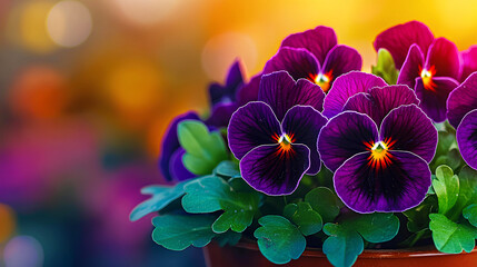 Wall Mural - Stunning purple pansies in a spring garden at sunset, ideal for a banner with ample copy space.