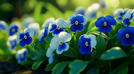 Wall Mural - Blue pansies blooming in summer garden under setting sun, perfect for spring banner with copy space.
