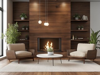 Wall Mural - 
Modern interior design of a living room with a fireplace, wooden floor, and modern armchairs. The wall features dark brown wood paneling. There is also an elegant white coffee table in the center.