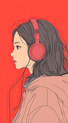 Poster - Woman Listening to Music Wearing Red Headphones