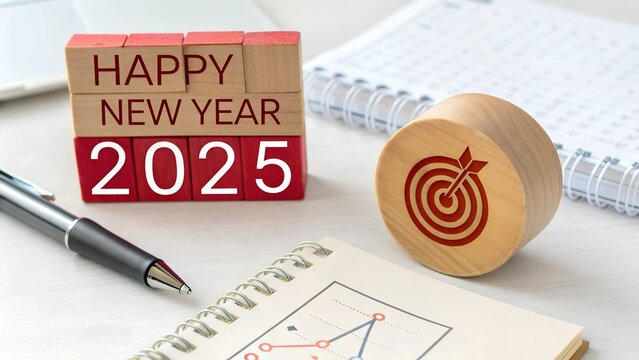 Happy New Year 2025 and goals. Target icon on a round wood block and white 2025 number on red small desk calendar. Business plans and goals and strategies that will lead to business success .