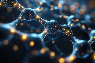 Poster - Abstract representation of molecular structures with glowing particles and intricate details in a dark space