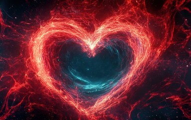 Poster - A vibrant cosmic heart shape glowing in fiery red and blue colors against a dark space background, symbolizing love.