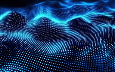 Poster - abstract waves created by vibrant blue dots, forming a beautiful digital landscape in a futuristic s
