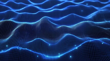 Poster - Abstract digital waves created from glowing blue lines, representing technology and motion in a futuristic landscape.