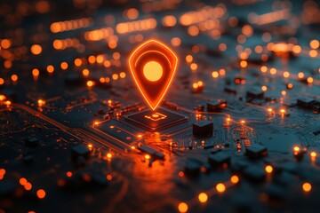 Poster - digital map pin glowing over a circuit board with numerous light points during nighttime