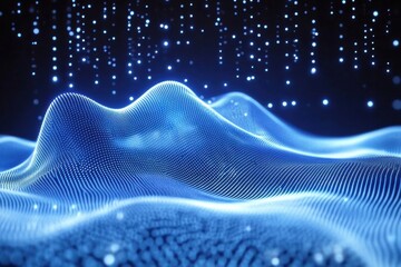 Poster - A futuristic digital landscape with glowing blue waves and particles, representing technology and creativity in virtual space.