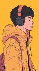 Poster - Young Man Listening to Music in a Yellow Jacket