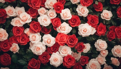 Wall Mural - A vibrant assortment of red and white roses blooming beautifully, creating a stunning floral backdrop.