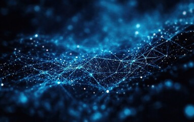 Poster - Abstract digital network with glowing particles and interconnected lines, symbolizing technology and data flow.