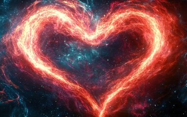 Poster - a cosmic heart formation glowing in vibrant colors against a starry background, symbolizing love and