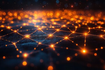 Fototapete - Network of glowing orange lights illuminating a dark surface resembling a digital landscape at night
