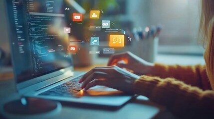 Woman coding on laptop with colorful application icons floating above the screen.
