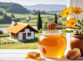 Honey jar with honeycomb and flowers in a serene countryside setting under bright sunlight