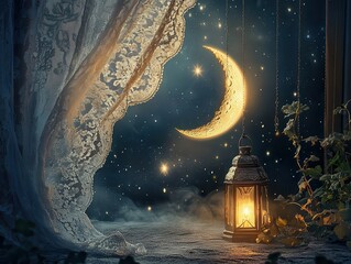 Aufkleber - Crescent Moon and Glowing Lantern in a Mystical Night Scene