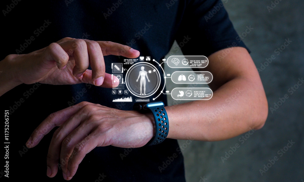 Futuristic health tech. A smartwatch projects a holographic health ...