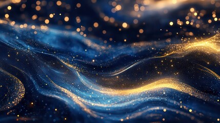 Wall Mural - A mesmerizing wave of glowing particles in blue and gold hues, creating a dynamic, digital landscape full of depth and movement.