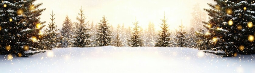 Poster - A serene winter landscape with snow-covered trees and soft sunlight filtering through the branches, creating a magical atmosphere.