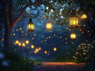 Wall Mural - enchanted forest path with glowing lanterns and fireflies at night
