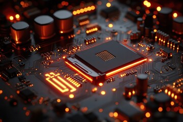 Poster - Microchip on circuit board illuminated by orange lights at night in a technology lab setting