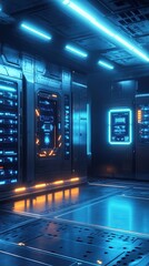 Poster - Futuristic Server Room With Neon Lights And Advanced Technology