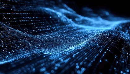 Poster - Abstract digital background with glowing blue particles and waves, representing technology and innovation in motion.