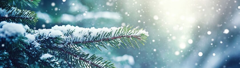 Poster - Enchanting winter scene featuring snow-covered pine branches shimmering in soft sunlight amidst gentle falling snowflakes.