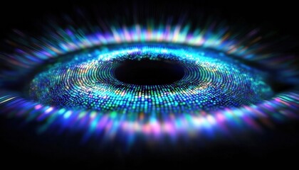 Poster - Vivid colorful abstract digital eye visualization with sparkling effects and swirling patterns in dark background.