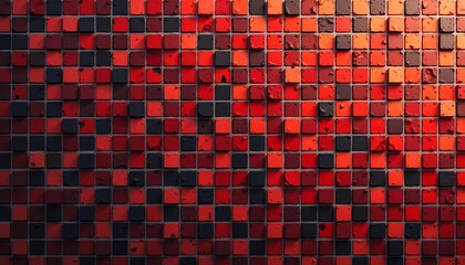 Fototapete - A red wall of small red and black squares similar to a mosaic. For banners, posters, backgrounds