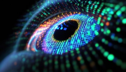 Aufkleber - Close-up of a digital eye with vibrant colors and data patterns, representing technology and innovation in vision.