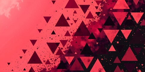 Fototapete - An abstract design with many triangles of different sizes arranged on a gradient background going from pink to dark red color.