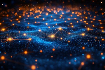 Poster - Vivid blue and orange digital network with glowing particles creating a cosmic landscape at night