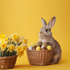 Cute cosy Easter bunny woth basket, flowers and painted eggs. Spring banner with copy space. Funny portrait of pet.