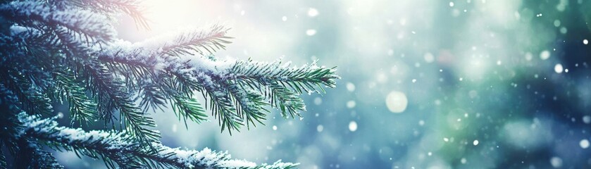 Poster - A serene winter scene featuring snow-covered evergreen branches against a bokeh background of soft snowfall and light.