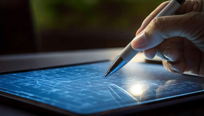 Poster - Close-up of a hand using a stylus on a tablet displaying a complex digital interface.  The screen shows a network or blueprint design. Ideal for tech, design, or innovation concepts.  Use for