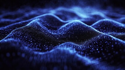 Poster - Abstract digital landscape representing waves of light and energy in a deep blue environment.