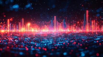 Poster - Futuristic city skyline at night with glowing lights and particles.