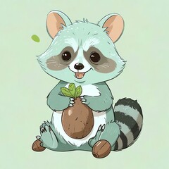 Canvas Print - Adorable Baby Raccoon Holding a Sprout