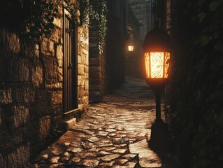 Wall Mural - mysterious cobblestone alley at night with glowing lamp